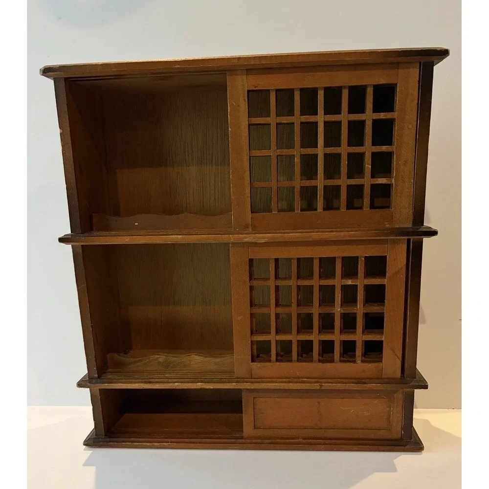 Japanese Tansu Style Display Cabinet Wood Lattice Sliding Doors Shelf